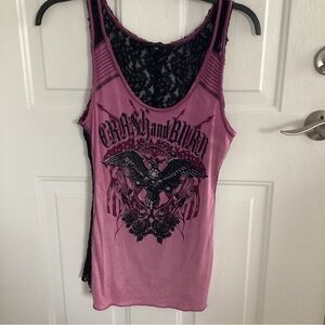 Crash And Burn Tank Top Dusty Rose Black See Thru Lace Back Eagle Roses